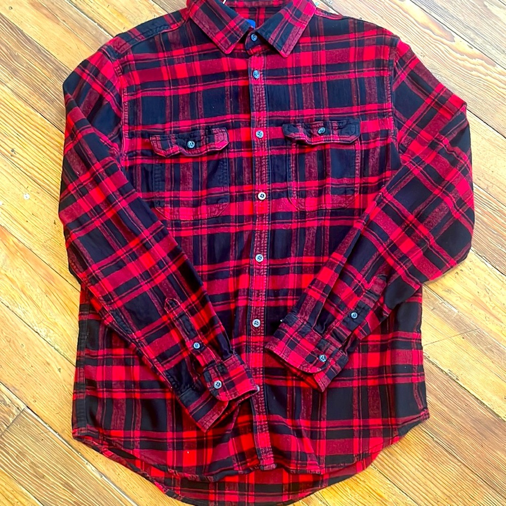 Size large red and black button down